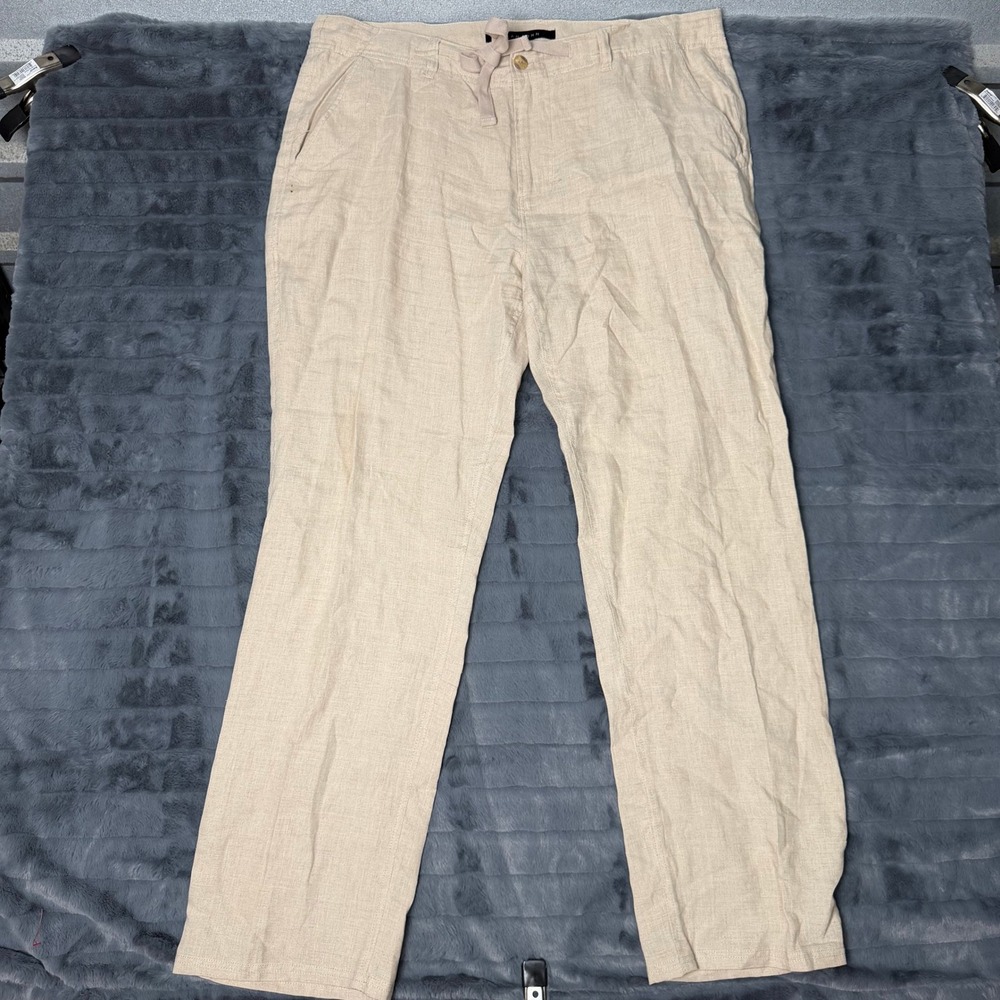 Sean John Linen Pants Mens 40 Beige Straight Leg Drawstring Beach Trousers